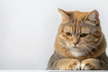 Close portrait of a calm orange tabby cat resting its paws on a white ledge, soft fur, thoughtful gaze, gentle shadows, minimal studio setting, conveying quiet warmth and intimate mood.