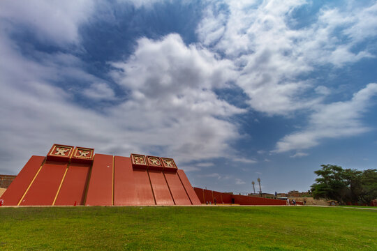 Lambayeque, Peru &ndash; January 5, 2024: Exterior view of the Royal Tombs of Sipan Museum, inspired by mochica pyramid architecture