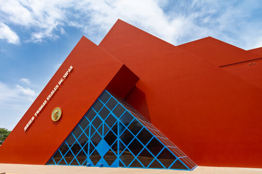 Lambayeque, Peru &ndash; January 5, 2024: Entrance to the Royal Tombs of Sipan Museum, inspired by mochica pyramid architecture