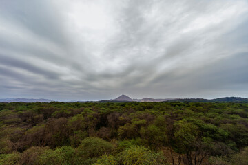 Distant view of the Tucume pyramids from the Pomac Forest Historic Sanctuary, Lambayeque, Peru