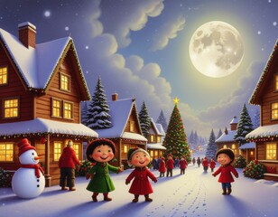 Charming Christmas village under a glowing full moon with children playing in the snow, decorated houses, festive lights, and a large Christmas tree creating a joyful winter wonderland holiday scene.