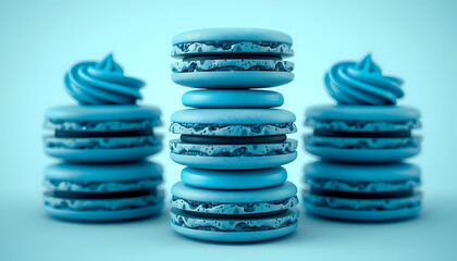 Colorful blue macarons arranged in a stack with a soft swirl on top, perfect for a sweet dessert display or bakery showcase Generative AI