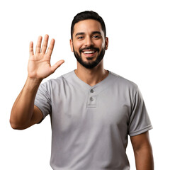 Fototapeta premium Smiling young adult man with a beard in a grey shirt showing five fingers with his right hand, gesturing hello or counting against a transparent background.