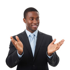 Smiling young African American businessman in a suit gesturing with open hands, looking confidently to the side on a transparent background