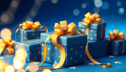 Colorful blue gift boxes with yellow bows and stars create a festive atmosphere for celebrations and special moments Generative AI