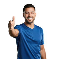 Friendly young adult Hispanic man in a blue athletic t-shirt smiling and extending his hand forward for a handshake or greeting on a transparent background