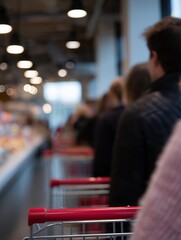 Blurred image of customers standing in line, emphasizing the concept of waiting or retail congestion