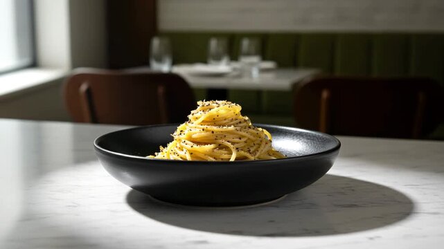 Cacio e Pepe spaghetti served in a matte black bowl on a marble table, silky pecorino romano and cracked black pepper emulsion coating the noodles, minimalist restaurant setting 