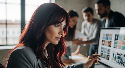 Focused creative professional woman with red hair working on a design project on a computer in a collaborative office.