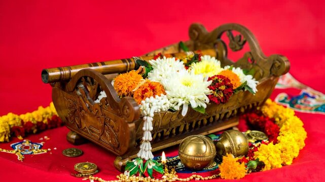 Festive floral display with wooden palanquin, flute, and golden bell on red cloth for Hindu festival celebration backdrop