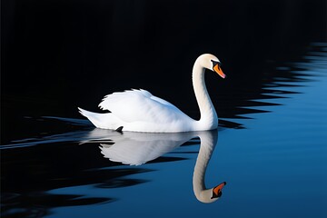 Obraz premium Lone white swan gliding on a dark, calm lake, subtle reflection on black water