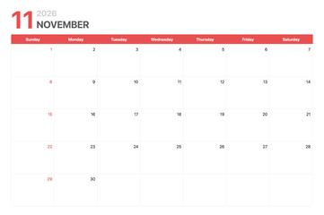 Calendar 2026. Calendar week 2026 starts on Sunday. Corporate minimalist clean calendar for November 2026