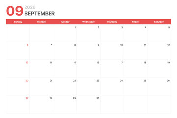 Calendar 2026. Calendar week 2026 starts on Sunday. Corporate minimalist clean calendar for September 2026
