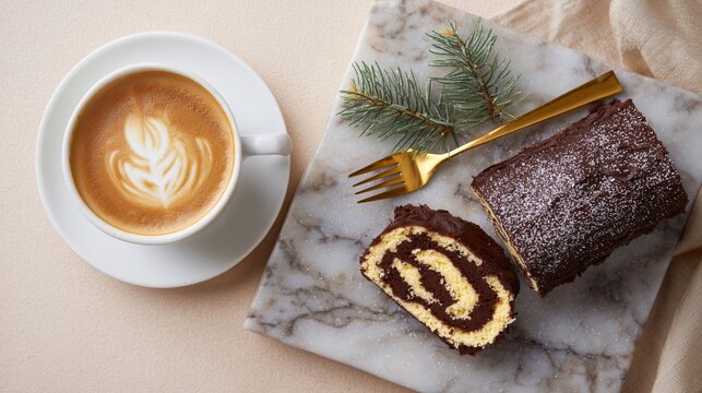 Festive chocolate yule log slice and roll served on a marble board with latte and gold fork.