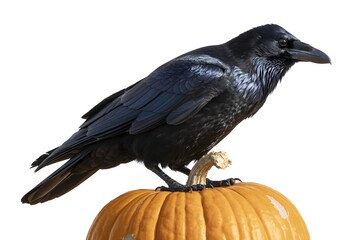 Fototapeta premium Majestic raven perched confidently atop vibrant pumpkin, creating perfect autumn Halloween mood and feelings