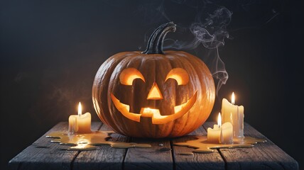 Glowing jack o'lantern and candles create a spooky Halloween mood on rustic wood table for festive fun