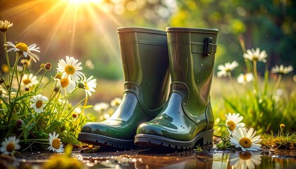 Shiny green boots in a sunny garden among daisies and reflective puddles