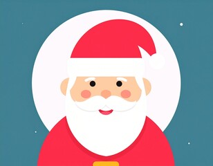 Cute flat design Santa Claus illustration with cheerful face and festive red hat on a snowy blue background, perfect for Christmas greeting cards, winter holidays, and joyful seasonal decoration theme