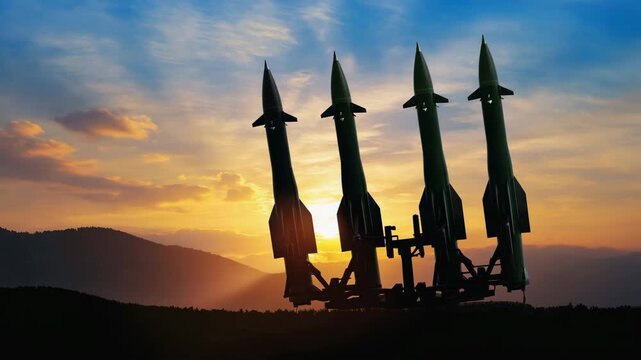 Military missiles standing upright against colorful sunset sky at defense exhibition