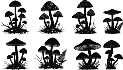 Eight different style forest mushrooms pure black black silhouette collection isolated on white background for natural botanical fungus vector illustration design.