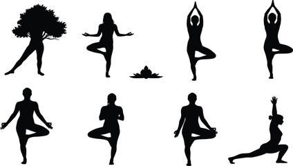 Eight Yoga Pose Silhouettes with Tree and Lotus Elements in Black Vector Style for Wellness, Meditation, Fitness, and Mindful Design ThemesEight Yoga Pose Silhouettes with Tree and Lotus Elements 