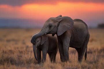 Obraz premium Savanna Serenity: A Mother's Love Under the Sunset Glow