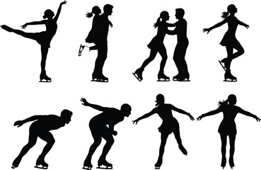Figure Skating Silhouettes of Solo and Pair Performers in Dynamic Poses, Ice Dance Movements, Athletic Balance, and Graceful Winter Sport Art