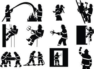 Firefighter rescue silhouettes showing emergency response, teamwork, bravery, fire safety, building evacuation, stretcher carry, ladder climb, and heroic actions