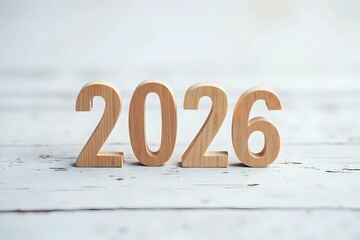 New year greeting card 2026 on white wooden background. Close-up in cinematic style with copy space