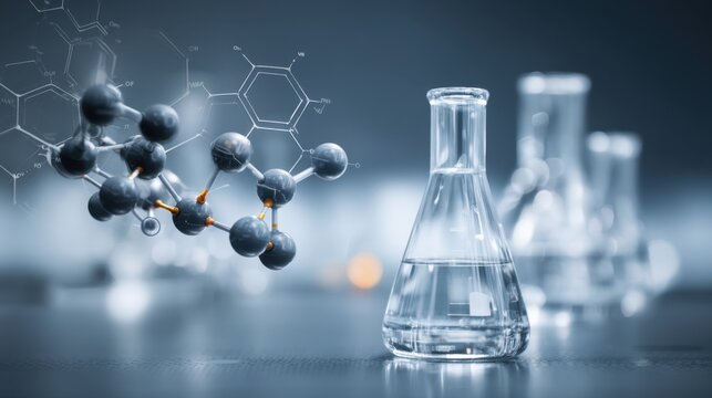 Laboratory glassware with molecular structures and chemical equations illustrating scientific research and innovation in a modern laboratory setting