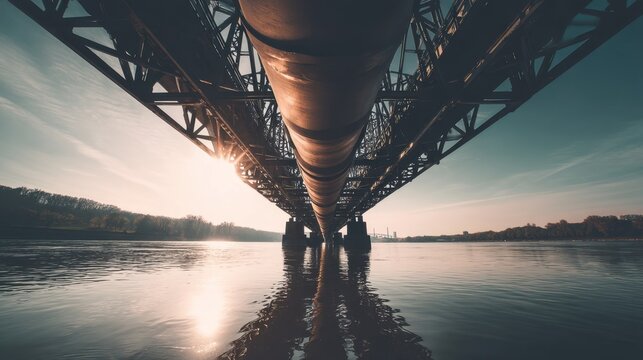 Underneath a Massive Steel Bridge Over Calm River Water Surrounded by Trees and a Clear Blue Sky at Sunset - Powered by Adobe
