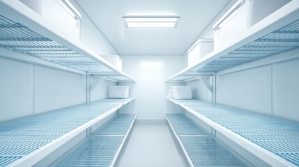 Obraz premium Spacious and Minimalistic Interior of a Modern Refrigeration Unit Featuring Shelves and Bright Lighting for Optimal Storage and Easy Accessibility