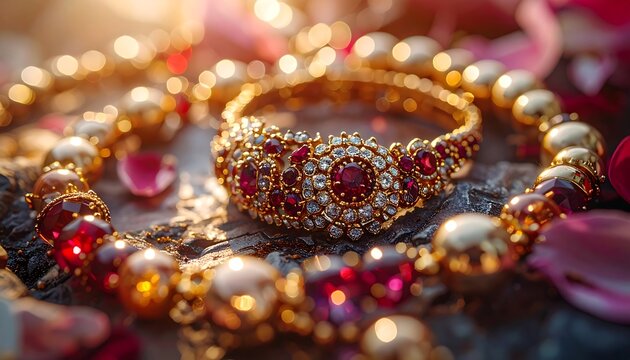 Intricate gold jewelry adorned with rubies and pearls, soft lighting