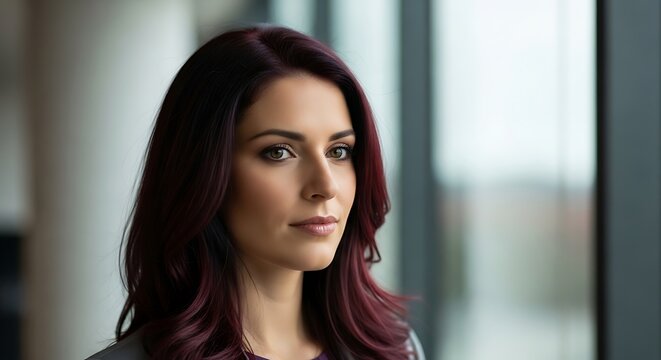 Portrait of a confident businesswoman with dark red hair looking thoughtfully out of an office window.