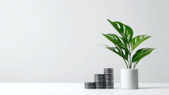 Fototapeta Modern finance concept with coins and tropical plant symbolizing growth, investment, and sustainability for financial and business themes
