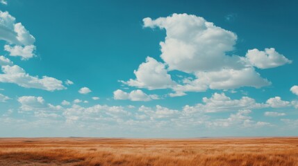 Vast expanse of golden grassland under a bright blue sky adorned with fluffy white clouds, showcasing the beauty of nature's simplicity and tranquility