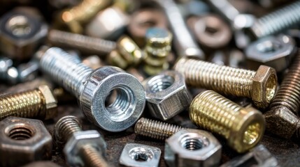Close-up View of Various Metal Fasteners Including Nuts, Bolts, and Washers Perfect for Hardware and Industrial Backgrounds and Designs