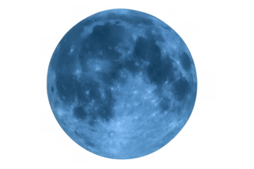 Blue full moon displaying surface textures and craters. Celestial body radiating light, isolated on a transparent background