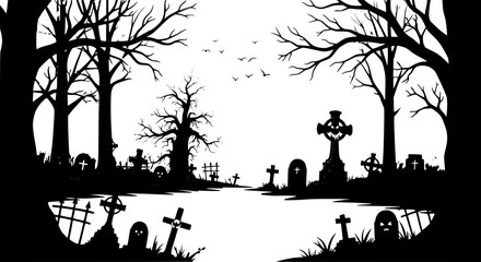 Sketch Scary forest or cemetery silhouettes isolated