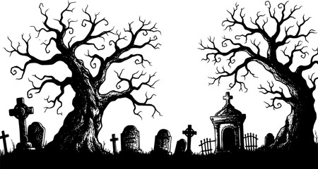 Sketch Scary forest or cemetery silhouettes isolated