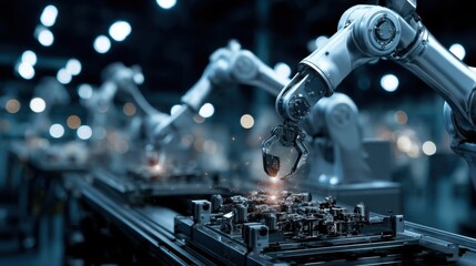 Advanced robotic arms in a futuristic assembly line enhancing precision manufacturing with automation technology and smart production systems