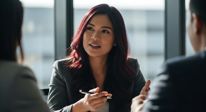 Confident businesswoman leading a discussion with colleagues in a modern office meeting room.