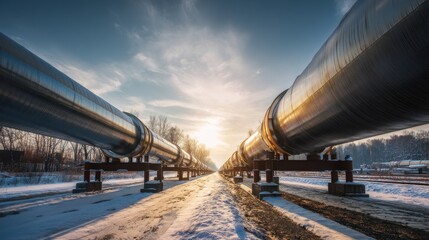 Naklejka premium Sunset over industrial pipeline structures in winter landscape showcasing metal tubes and snowy ground under dramatic sky with clouds