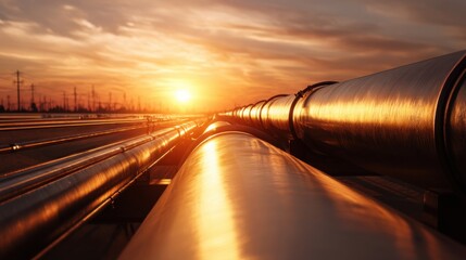 Obraz premium Industrial Pipeline Infrastructure Under Vibrant Sunset Sky with Soft Clouds Reflecting Warm Light Across the Surface of Steel Pipes