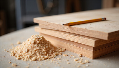 Woodworking materials with sawdust and pencil on workbench  