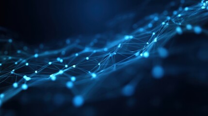 Abstract digital network illustration with glowing blue nodes and connecting lines showcasing connectivity and technology in a futuristic setting.