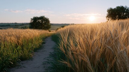 Serene Pathway Through Golden Wheat Fields Under the Late Afternoon Sunlight