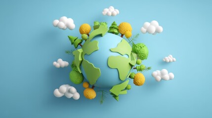 Colorful and Lively 3D Earth Model Surrounded by Trees, Clouds, and Greenery Representing Nature and Environmental Awareness in a Playful Style