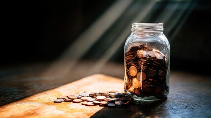Sparkling Coins in Glass Jar with Soft Sunlight Filtering Through Window, Creating a Captivating and Warm Atmosphere of Savings and Wealth