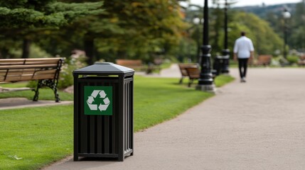 Green Recycling Bin in Public Park Surrounded by Lush Greenery and Walking Path